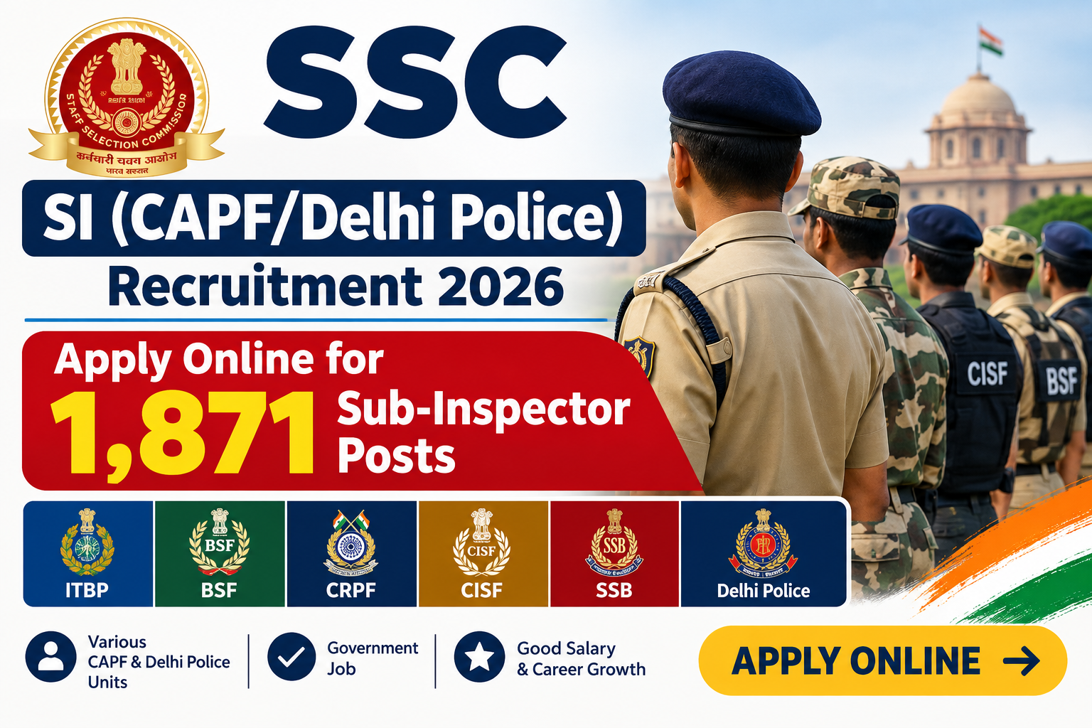SSC SI (CAPF/Delhi Police) Recruitment 2026 - Apply Online for 1,871 Sub-Inspector Posts